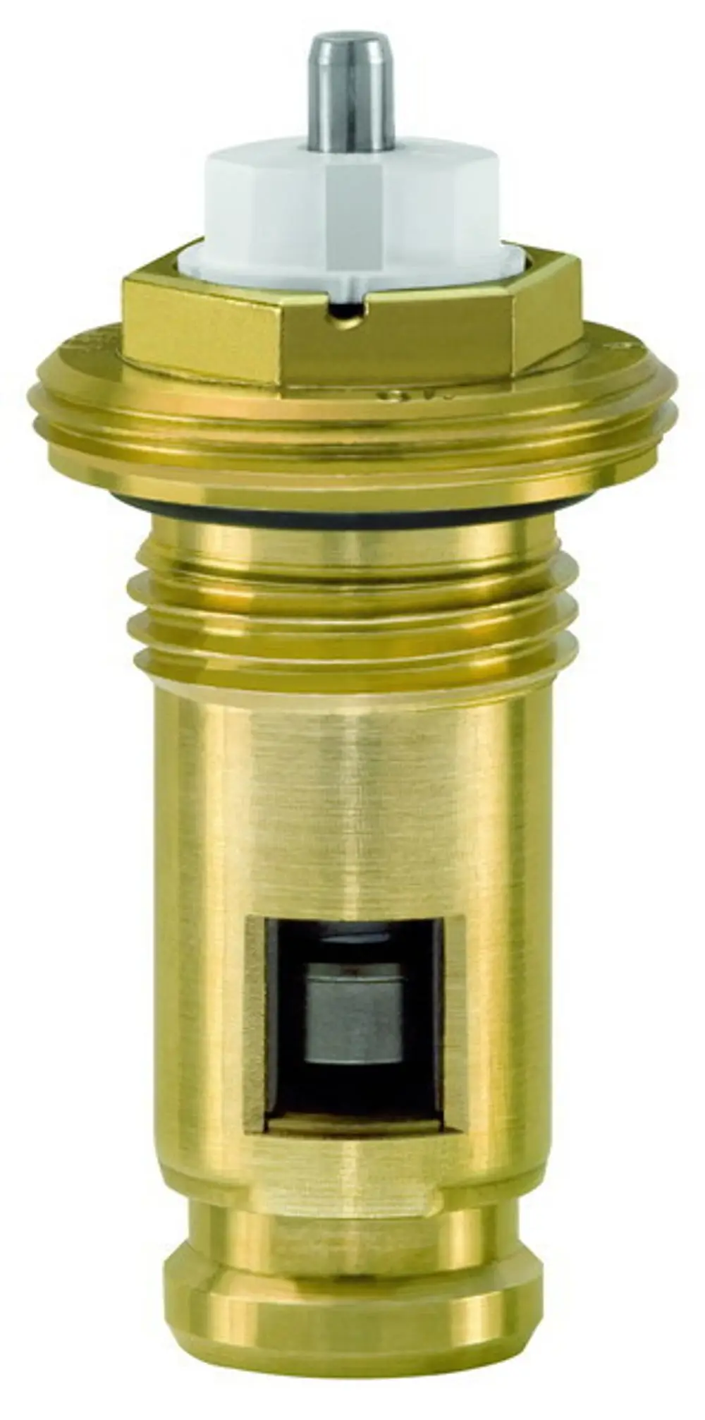 Thermostat-Oberteil aus Messing mit einem weißen Kunststoffteil oben, hergestellt von IMI Hydronic Engineering. Es dient zur genauen Voreinstellung in Heizsystemen.